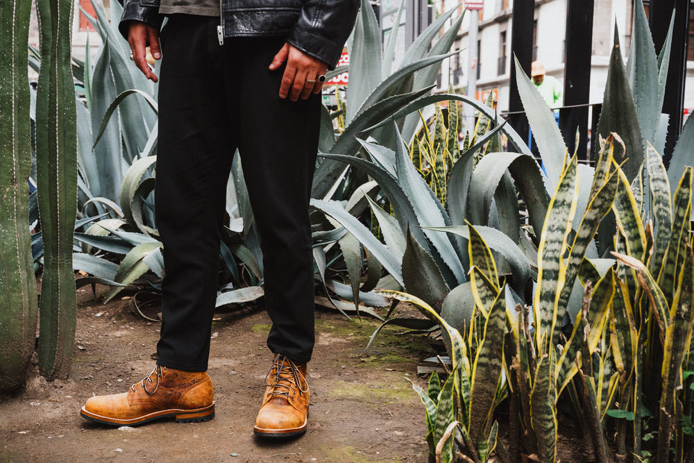 man wearing black leather jacket and pants with coach rambler boots and agave plants