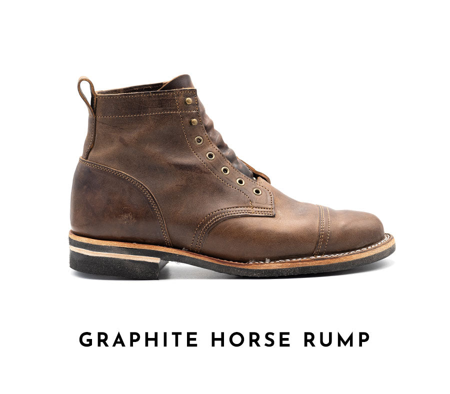 well worn truman boot in graphite horse rump leather