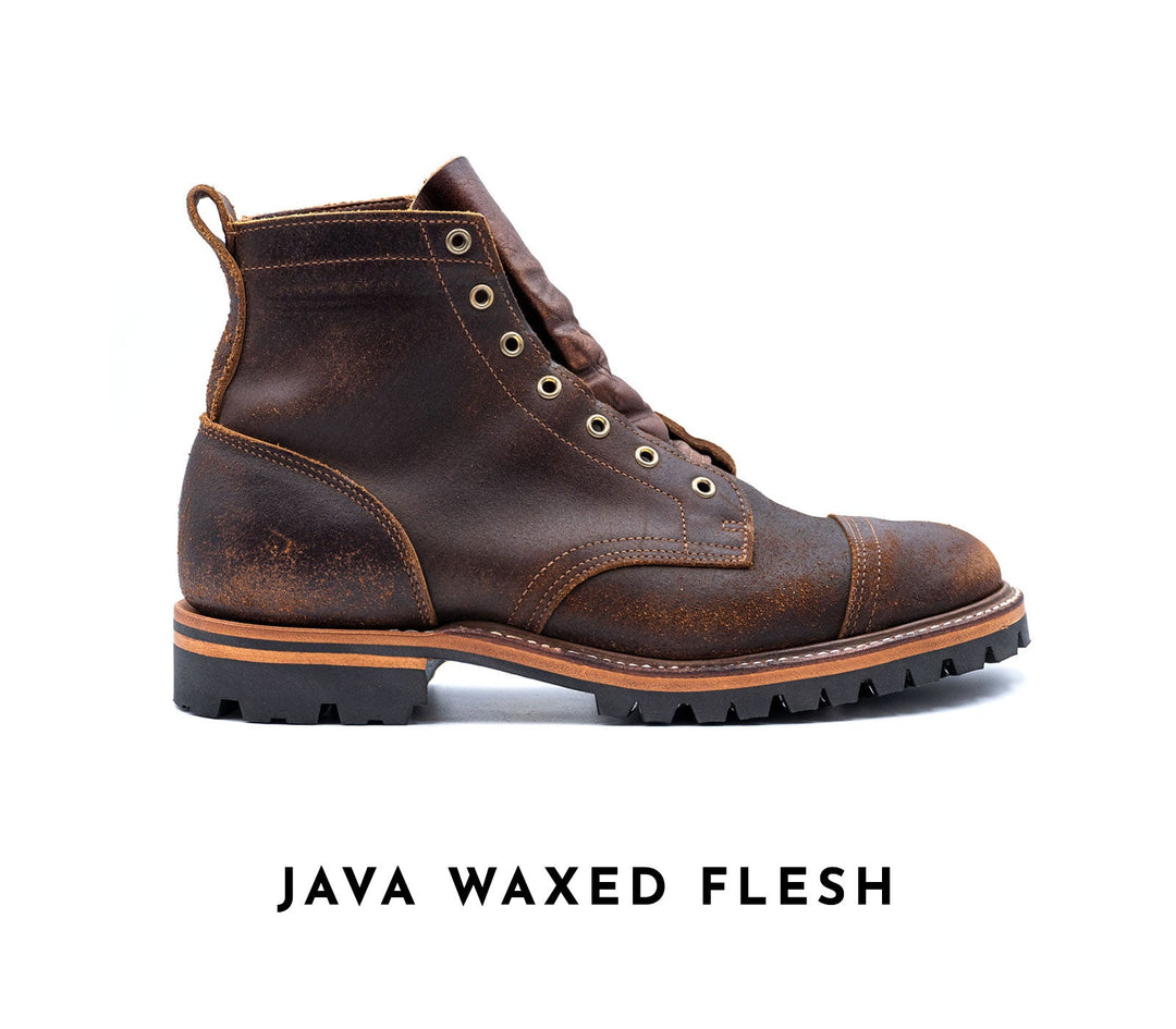 well worn truman boot in java waxed flesh leather