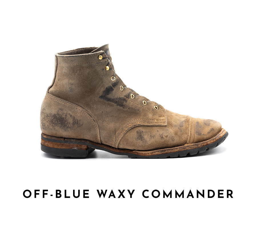 well worn truman boot in off-blue waxy commander leather