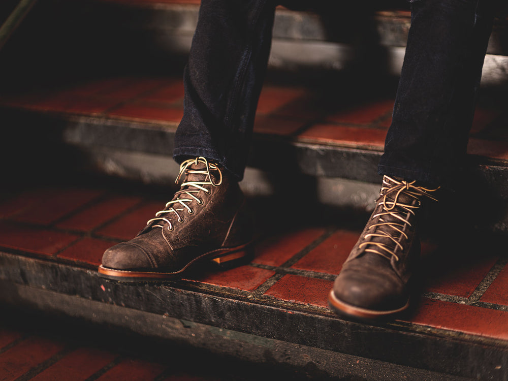 man wearing made in usa pants and goodyear welted stone rambler truman boots