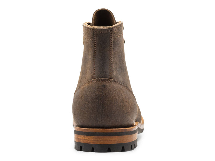 rear view of goodyear welted truman boot in stone rambler leather