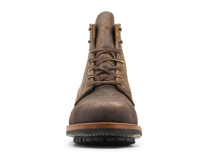 front view of goodyear welted truman boot in stone rambler leather