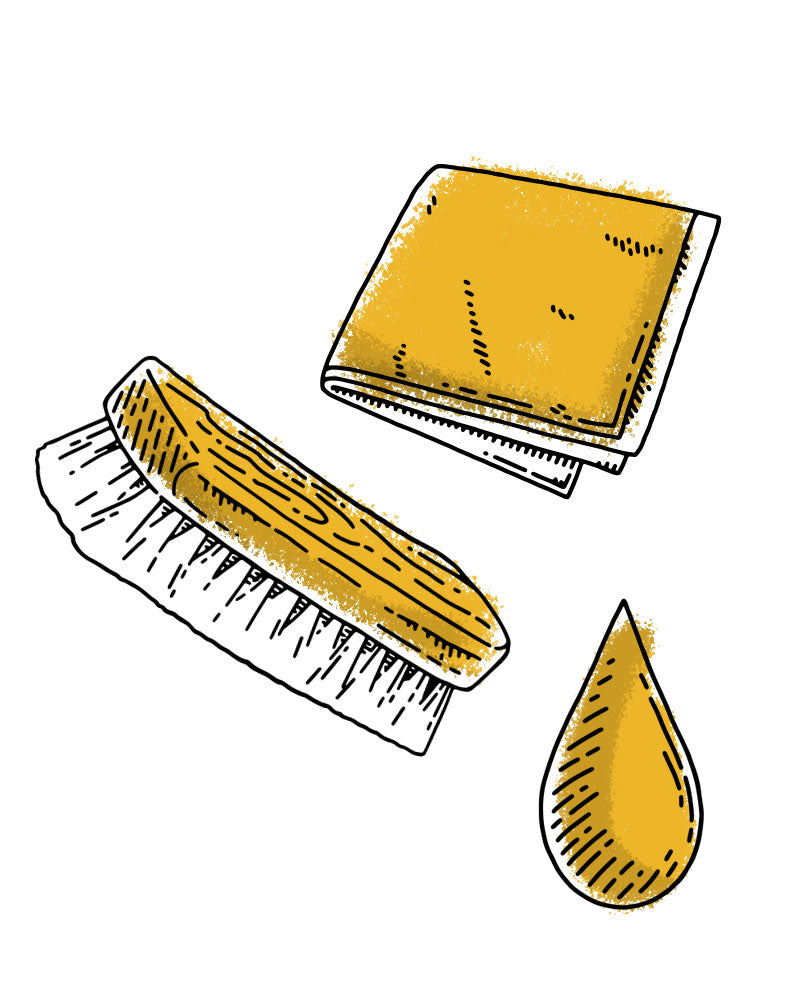 Graphic illustration of leather care brush cleaning cloth and water drop