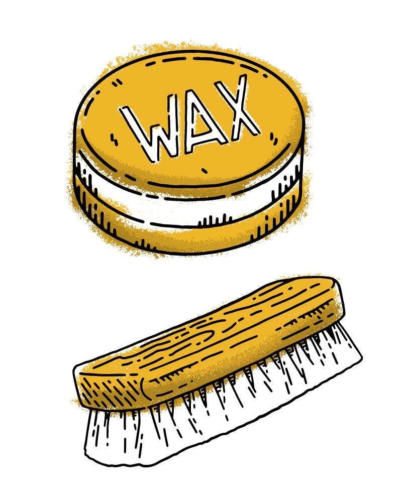 illustration of leather wax container and horsehair brush